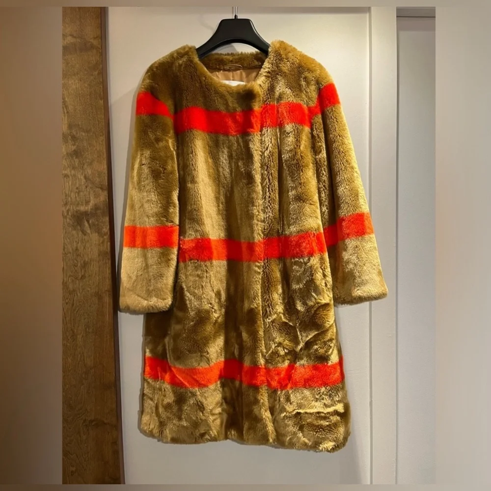 STAND STUDIO Brown and Red Stripe Faux Fur Coat - Picture 4 of 6